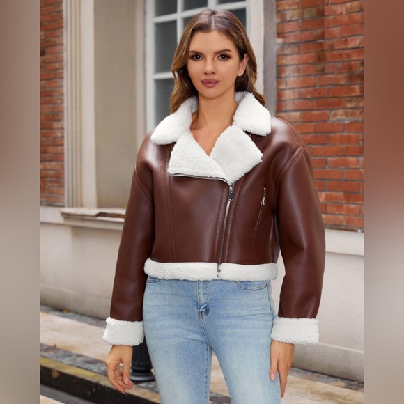 Jackets & Blazers - DIASHINY Faux Shearling Leather Jacket Brown Sherpa Moto Cropped Medium New